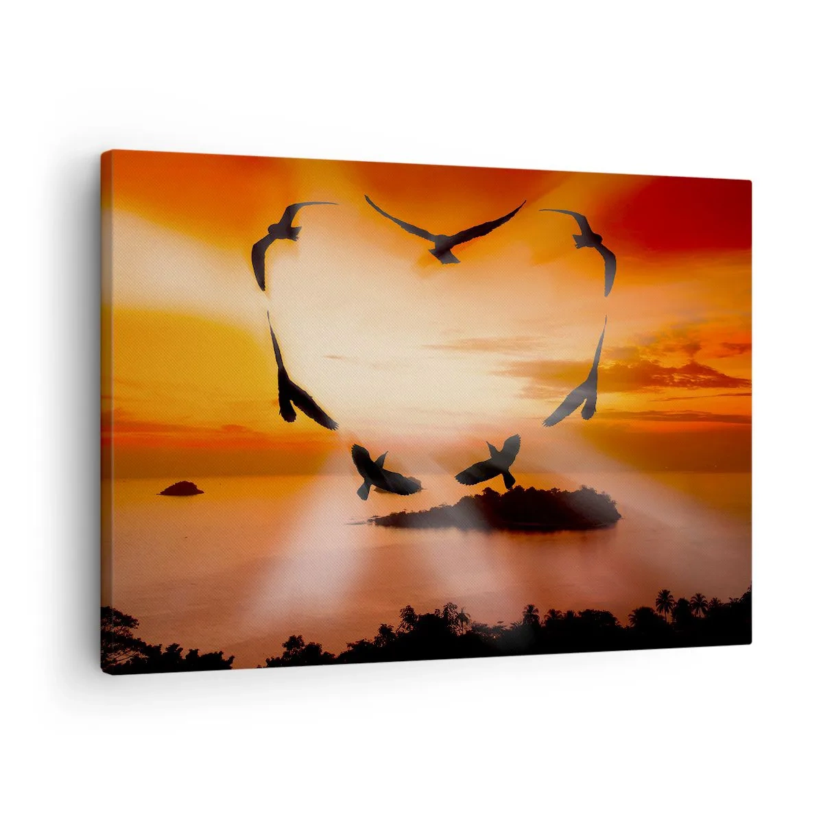 Quadro em tela - Pássaros formando um coração contra o pano de fundo do pôr do sol - 70x50cm - Ame o mundo como pássaros - Decoração de parede moderna para a sala de estar e quarto ARTTOR