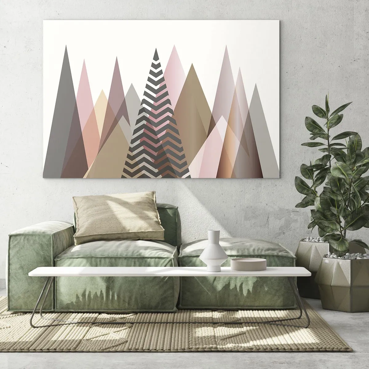 Quadro em vidro - Montanhas geométricas em tons pastéis com um padrão central - 70x50cm - Vista piramidal - Decoração de parede moderna para a sala de estar e quarto ARTTOR