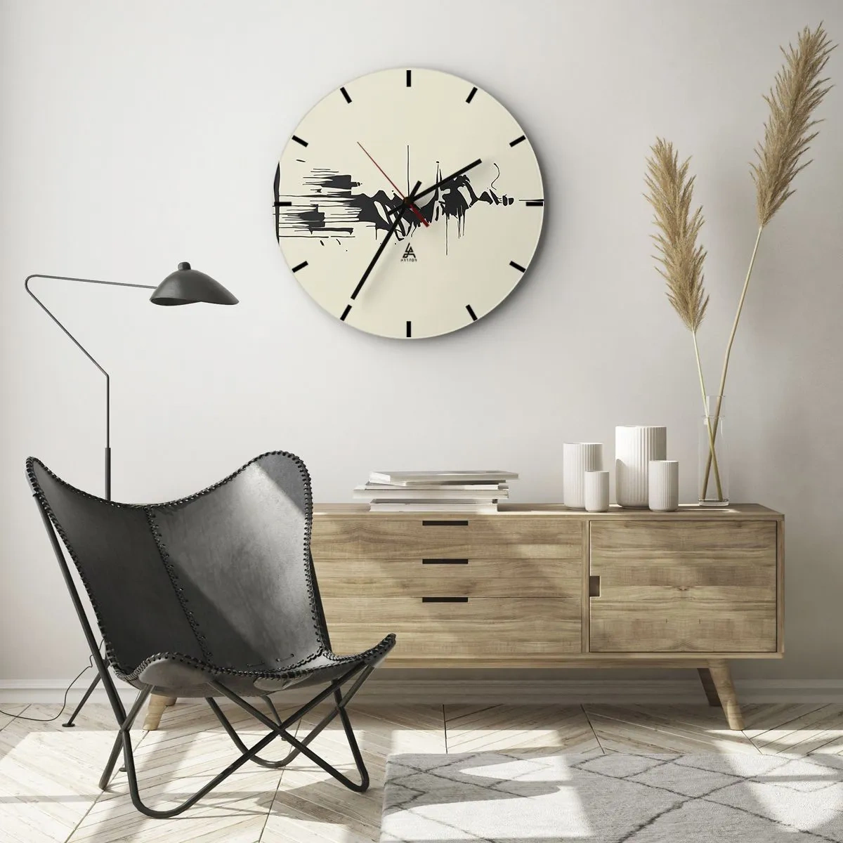 Relógio de parede - Relógio em vidro - Abstração em preto e branco com linhas e formas dinâmicas - 30x30cm - Abstração apressada - Decoração de parede moderna para a sala de estar, cozinha e quarto ARTTOR
