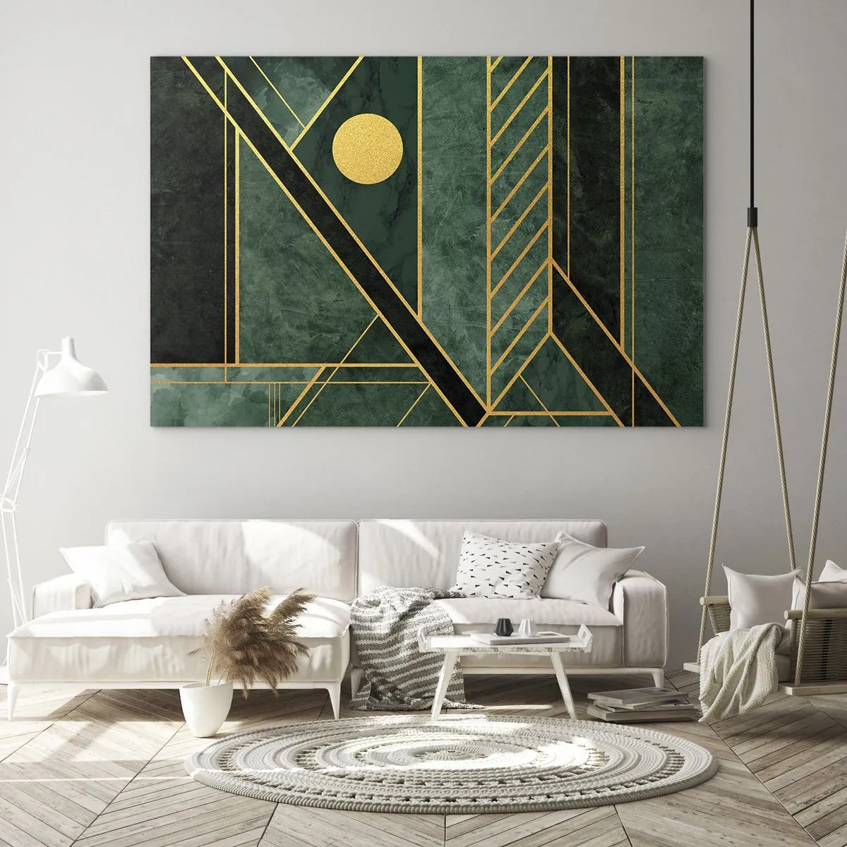 Quadro em vidro - Abstração geométrica verde e dourada no estilo Art Déco - 70x50cm - A dinâmica do ouro e do azul - Decoração de parede moderna para a sala de estar e quarto ARTTOR