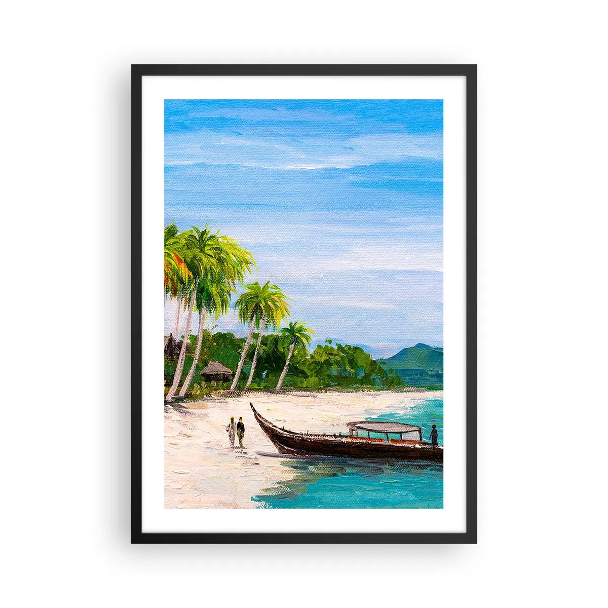 Pôster com moldura preta - Praia tropical com palmeiras e um barco na praia - 50x70cm - Um sonho exótico - Decoração de parede moderna para a sala de estar e quarto ARTTOR