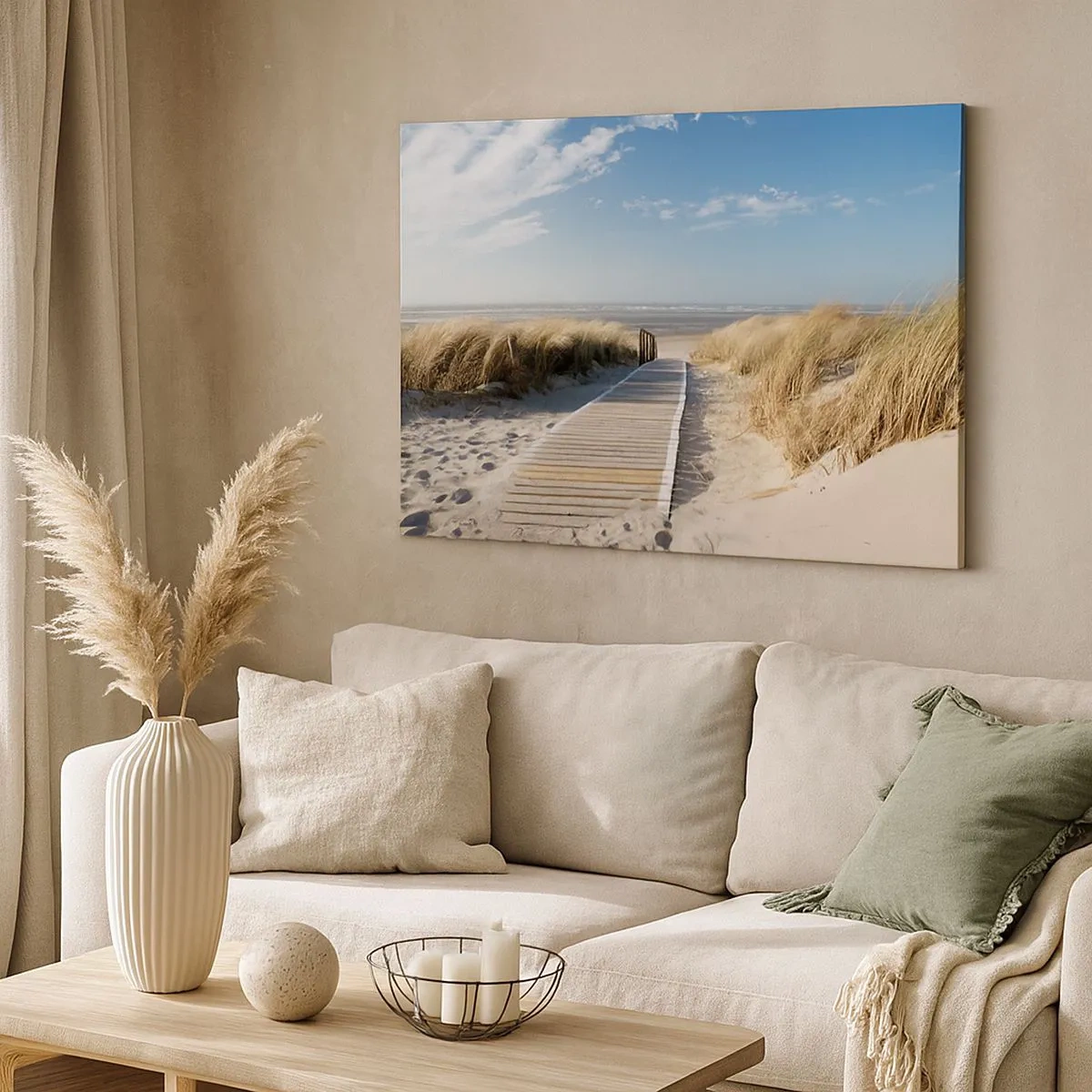 Quadro em tela - Um caminho de madeira leva através das dunas até o mar calmo - 70x50cm - Atrás da duna, ao som da relva - Decoração de parede moderna para a sala de estar e quarto ARTTOR