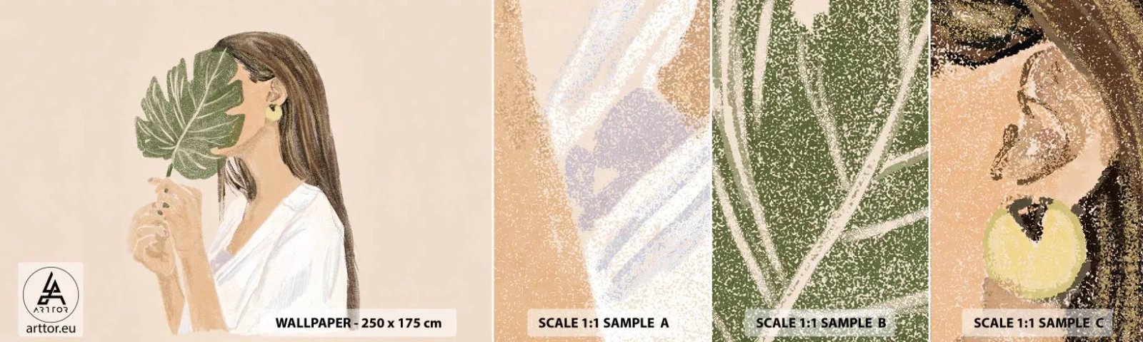 Amostra de papel de parede autocolante Deluxe Sticker - Retrato misterioso com uma adepta - Folha, Mulher, Boho - 100x30 cm