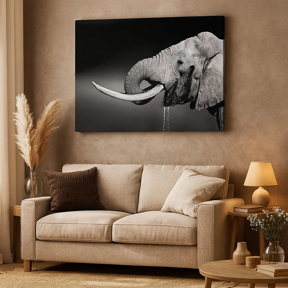 Quadro em tela - Retrato em preto e branco de um elefante de perfil - 70x50cm - Sim, agora está tudo bem - Decoração de parede moderna para a sala de estar e quarto ARTTOR