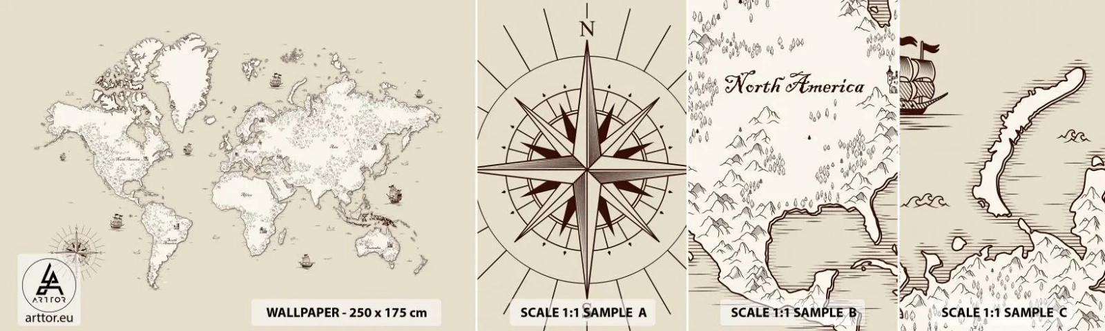 Amostra de papel de parede autocolante Deluxe Sticker - Uma viagem à volta do mundo - Mapa mundial, Continentes, Navio pirata - 100x30 cm