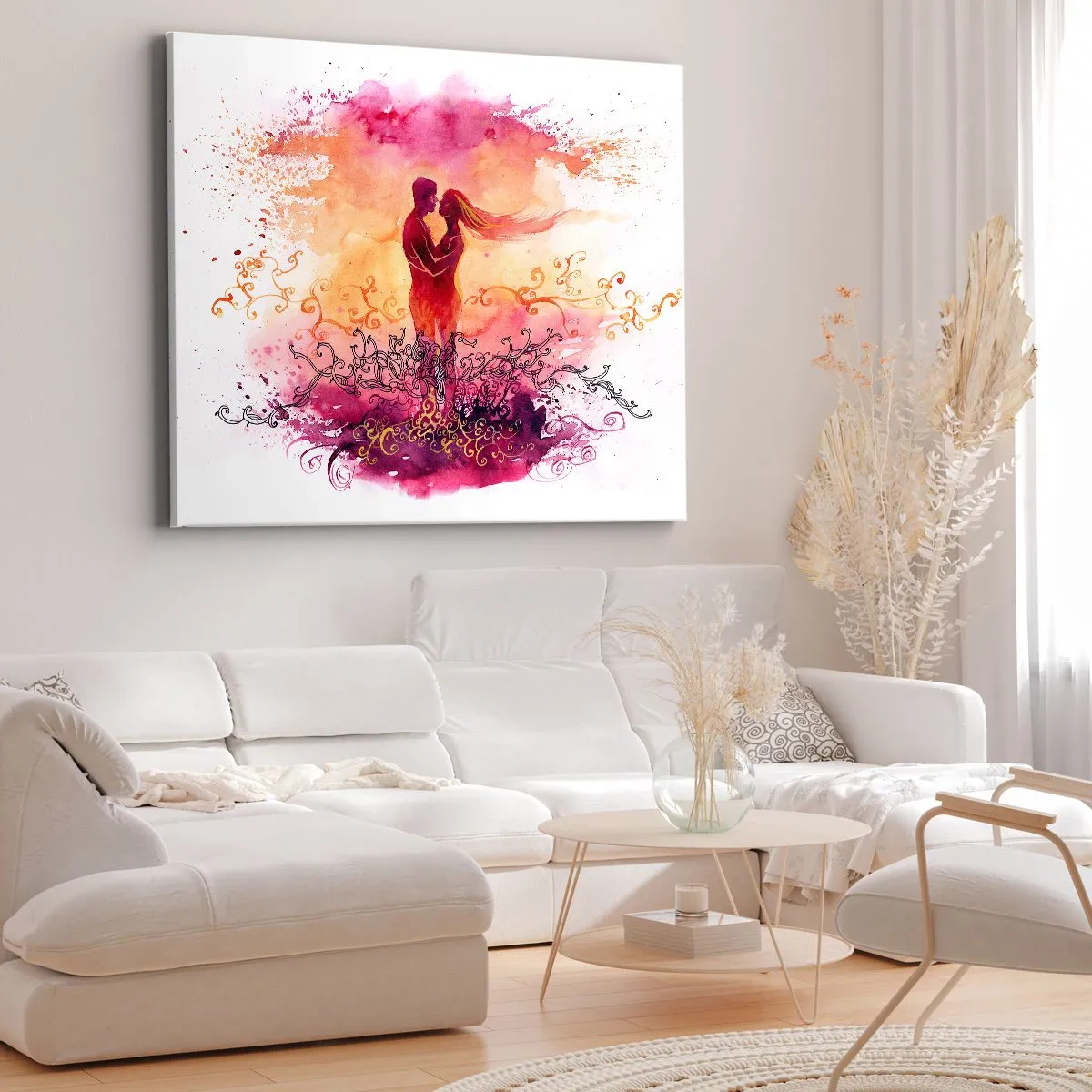 Quadro em tela - Um casal se abraçando contra um padrão abstrato rosa e laranja - 70x50cm - Um coração! Eu não preciso de tão pouco... - Decoração de parede moderna para a sala de estar e quarto ARTTOR