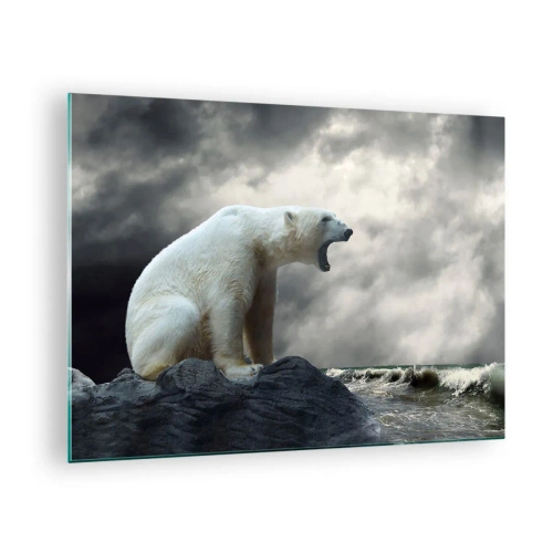 Quadro em vidro - Um urso polar contra um céu tempestuoso - 70x50cm - O Rei Solitário do Ártico - Decoração de parede moderna para a sala de estar e quarto ARTTOR