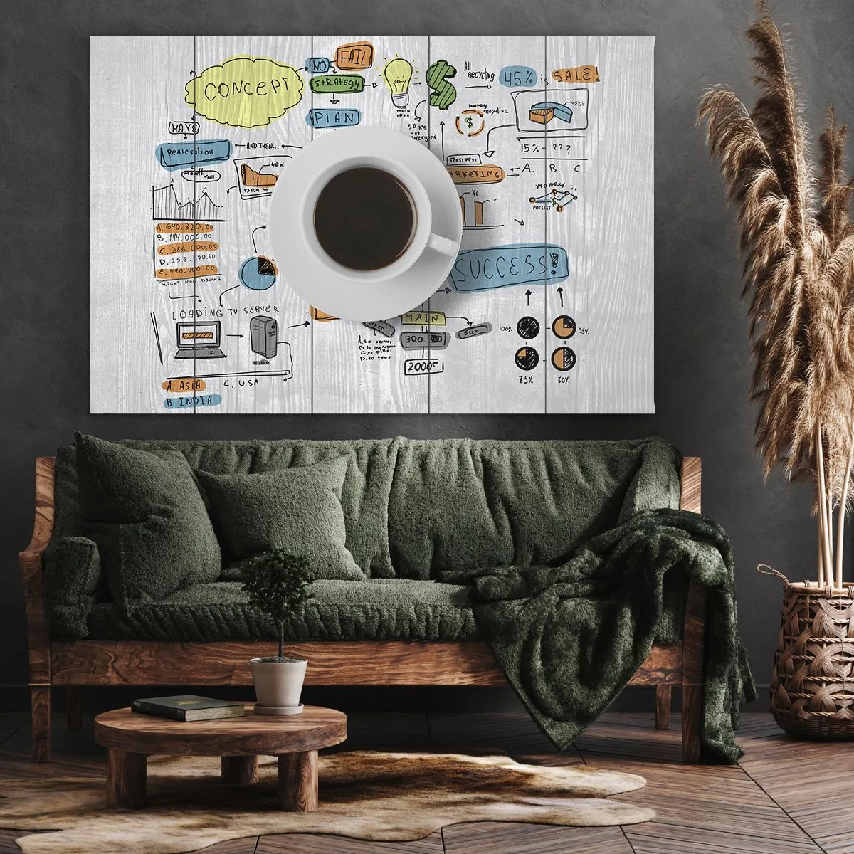 Quadro em tela - Uma xícara de café no fundo de um desenho conceitual - 70x50cm - Tempo para uma pausa - Decoração de parede moderna para a sala de estar e quarto ARTTOR