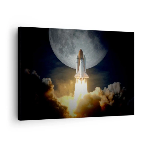 Quadro em tela - Um foguete decolando tendo como pano de fundo uma lua cheia cercada por nuvens dinâmicas. - 70x50cm - O início de uma aventura sobrenatural - Decoração de parede moderna para a sala de estar e quarto ARTTOR