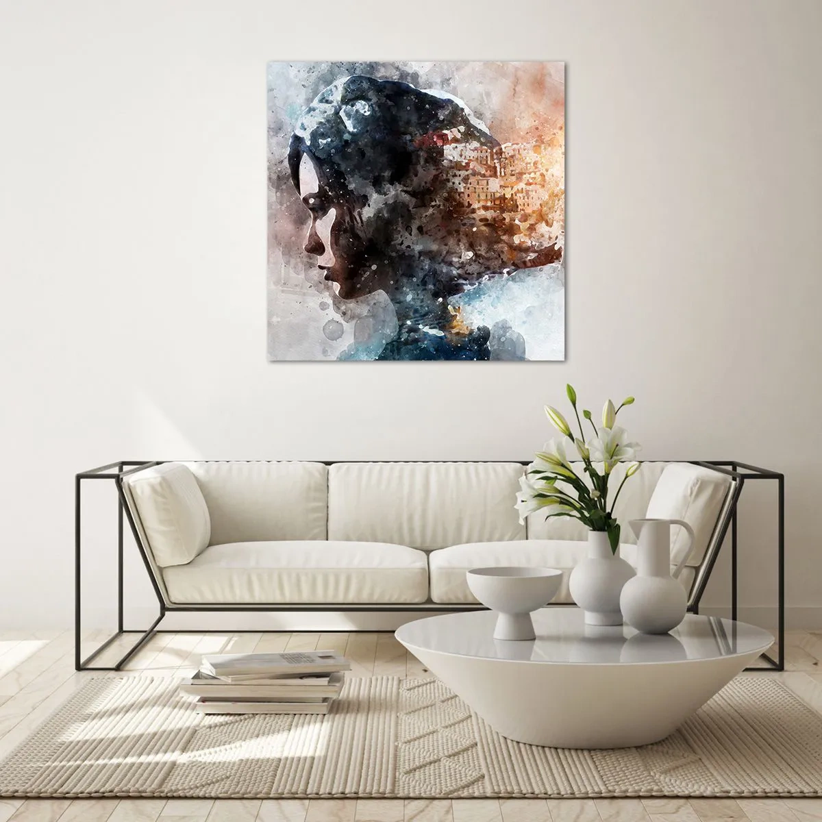 Quadro em vidro - Uma história sobre uma menina e uma cidade ao fundo - 40x40 cm