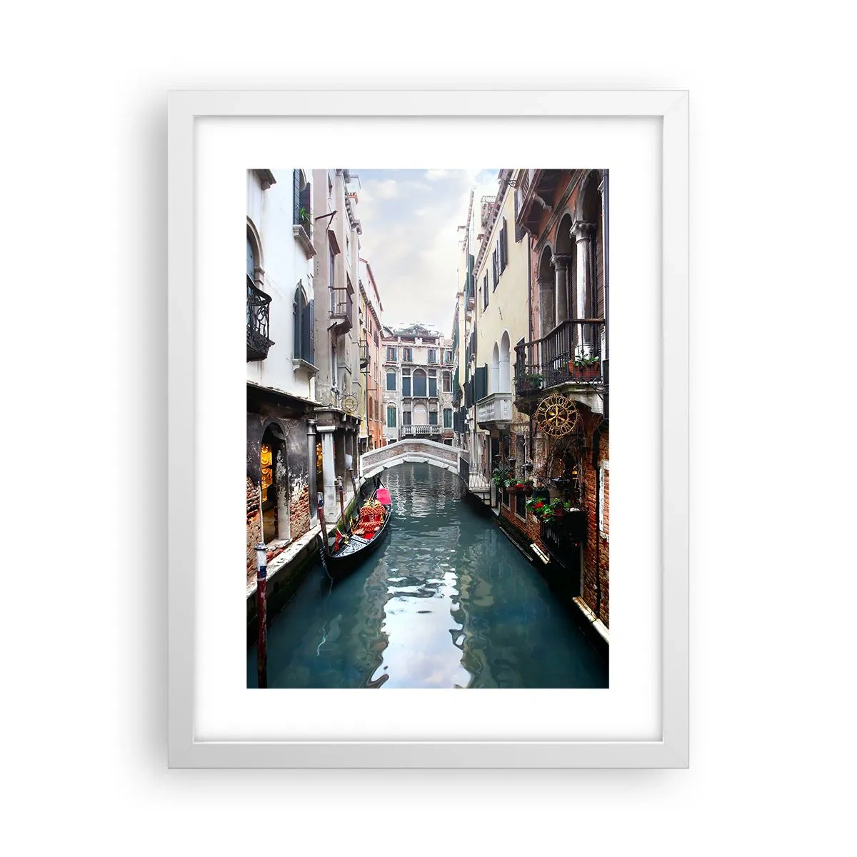 Pôster em moldura branca - Paisagem veneziana com gôndola e ponte - 30x40 cm