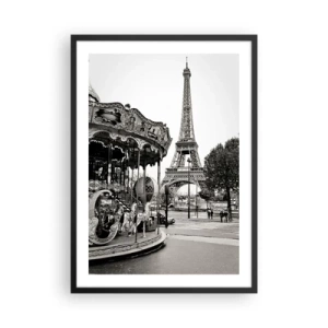 Pôster com moldura preta - Foto em preto e branco do carrossel e da torre ao fundo - 50x70cm - Pensar em diversão é pensar em Paris - Decoração de parede moderna para a sala de estar e quarto ARTTOR