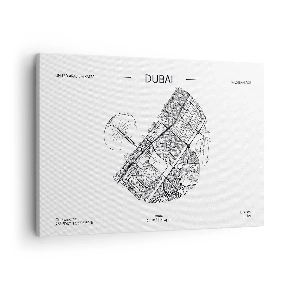 Quadro em tela - Um mapa minimalista em preto e branco de Dubai com marcações de localização. - 70x50cm - Anatomia de Dubai - Decoração de parede moderna para a sala de estar e quarto ARTTOR