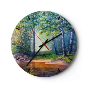 Relógio de parede - Relógio em vidro - Uma pitoresca floresta de bétulas com um rio iluminado pelos raios do sol - 30x30cm - Cenário idílico - Decoração de parede moderna para a sala de estar, cozinha e quarto ARTTOR