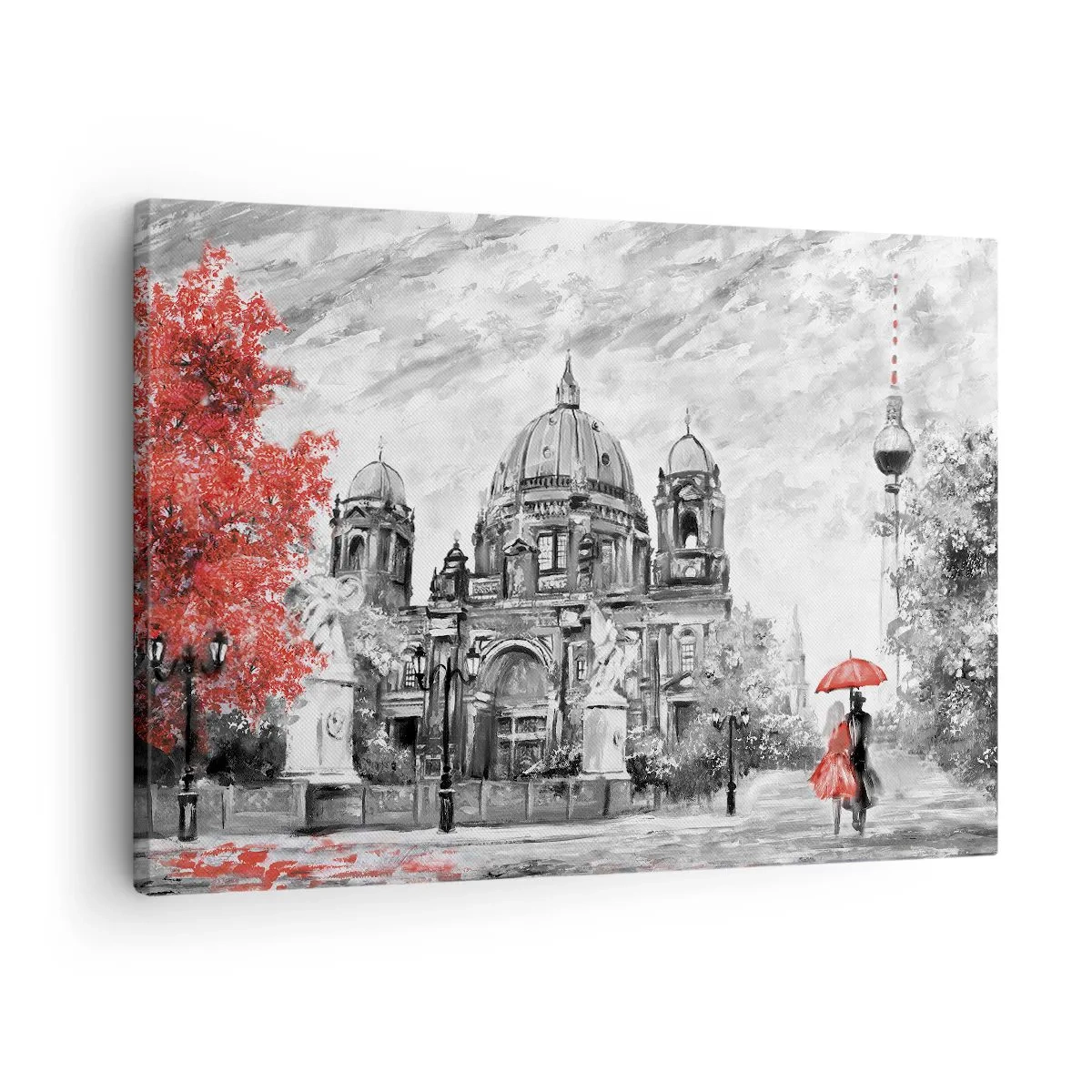Quadro em tela - Cena em preto e branco com Berlim, um guarda-chuva vermelho e uma árvore - 70x50cm - Reunião em Berlim - Decoração de parede moderna para a sala de estar e quarto ARTTOR