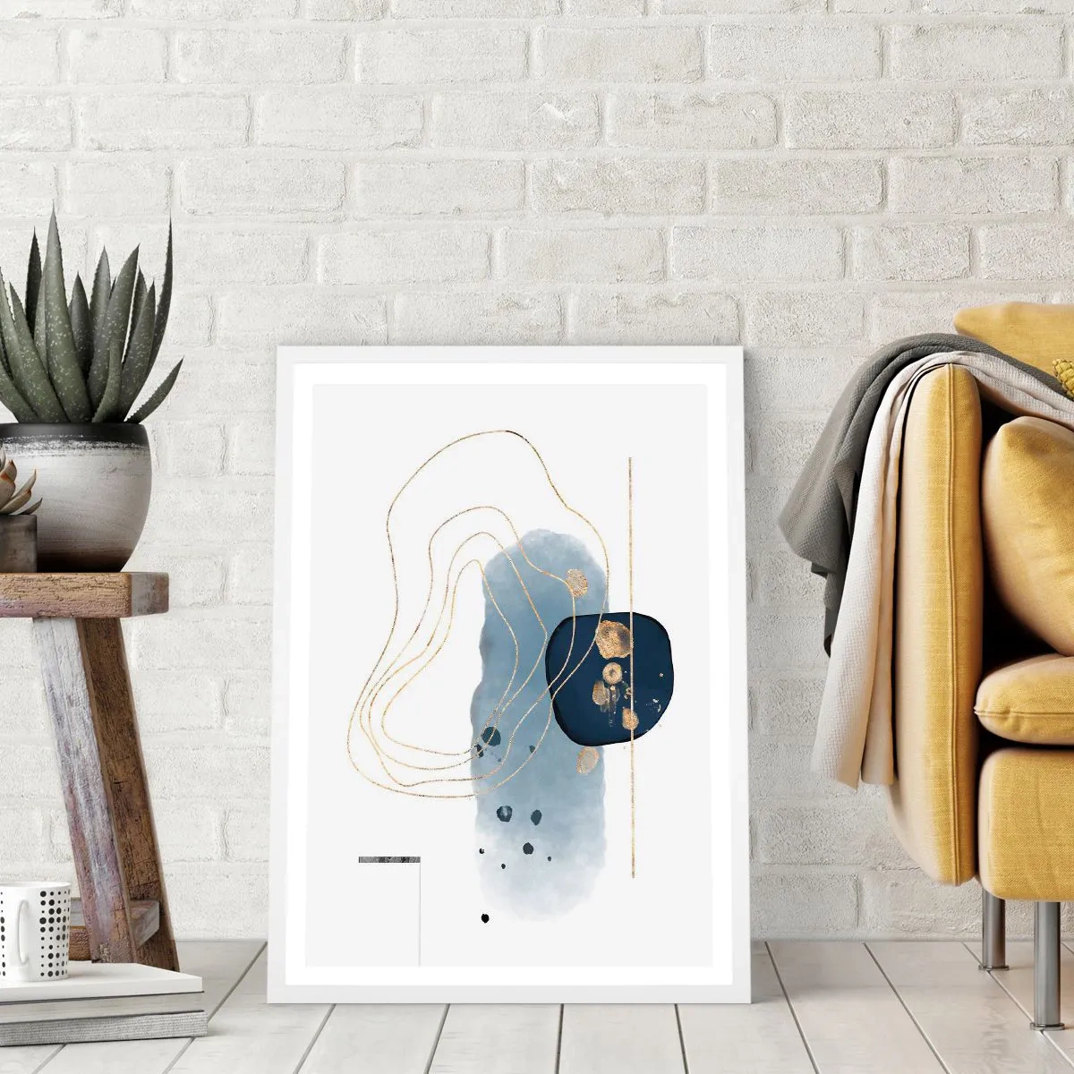Pôster em moldura branca - Fantasia azul e dourada - 70x100 cm