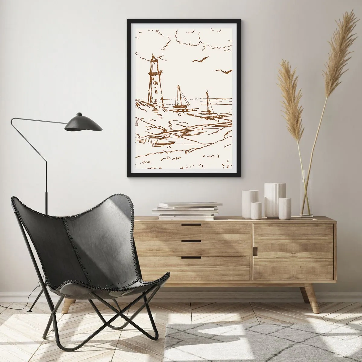 Pôster com moldura preta - Farol com barcos e pássaros - 50x70cm - Esboço das memórias do verão - Decoração de parede moderna para a sala de estar e quarto ARTTOR