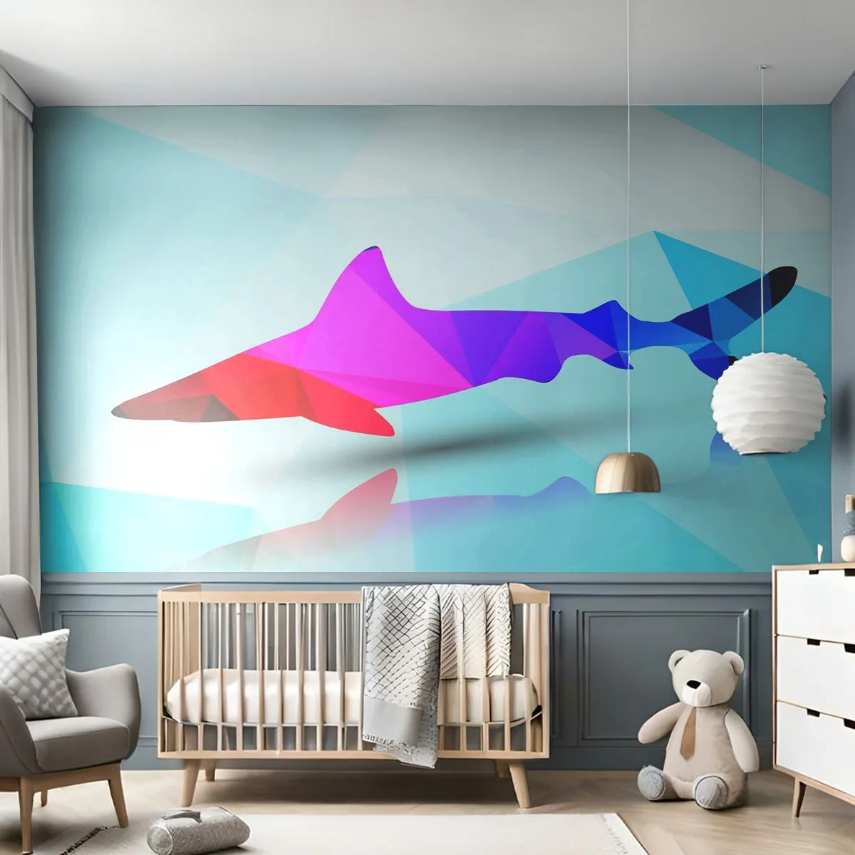 Papel de Parede Premium Canvas - Tubarão no espaço de cristal - Animais, Tubarão, Figura Geométrica - 250x175 cm