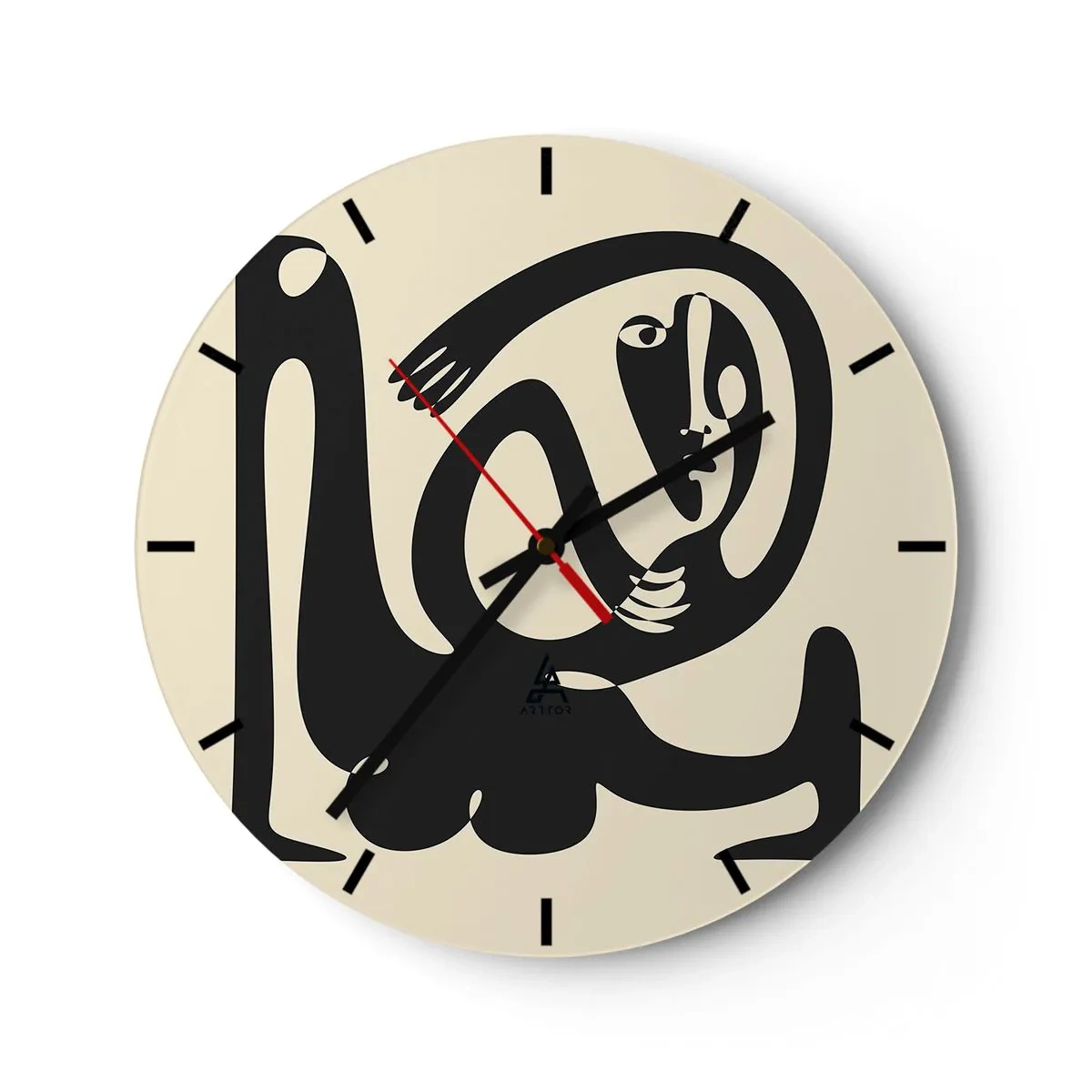 Relógio de parede - Relógio em vidro - Uma figura negra em estilo abstrato sobre fundo creme - 30x30cm - Quase Picasso - Decoração de parede moderna para a sala de estar, cozinha e quarto ARTTOR