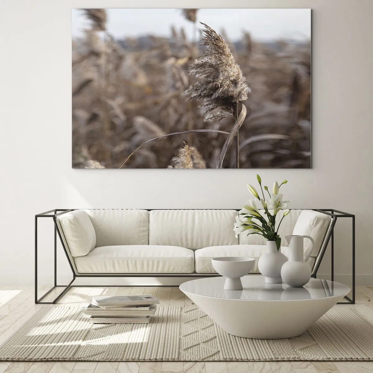 Quadro em vidro - Close-up de grama seca balançando ao vento - 70x50cm - É hora de voar com o vento - Decoração de parede moderna para a sala de estar e quarto ARTTOR