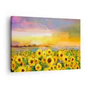 Quadro em tela - Um campo de girassóis à luz do pôr do sol - 70x50cm - O próprio sol desceu à terra - Decoração de parede moderna para a sala de estar e quarto ARTTOR