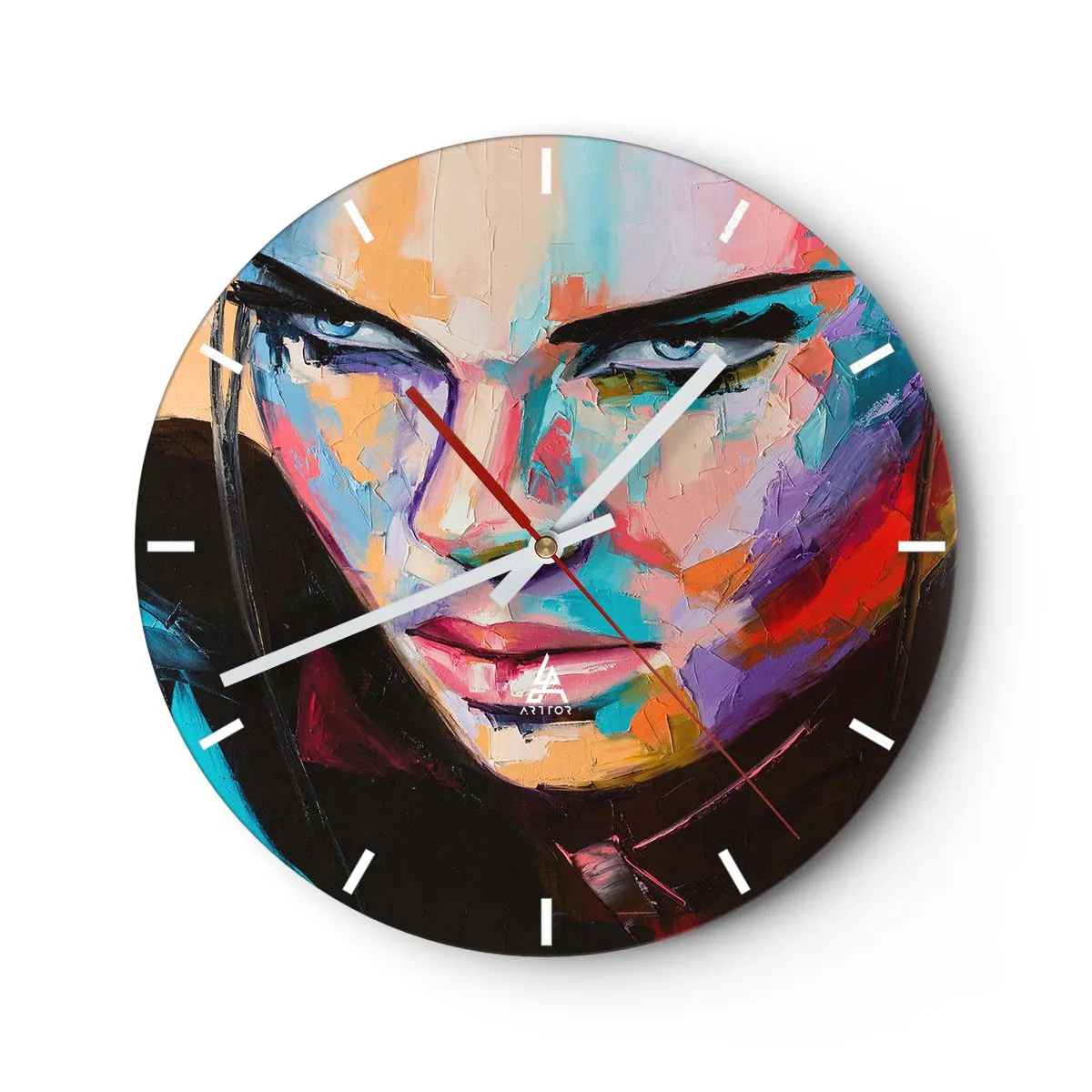 Relógio de parede - Relógio em vidro - Retrato abstrato de uma mulher - 30x30cm - Coração selvagem - Decoração de parede moderna para a sala de estar, cozinha e quarto ARTTOR