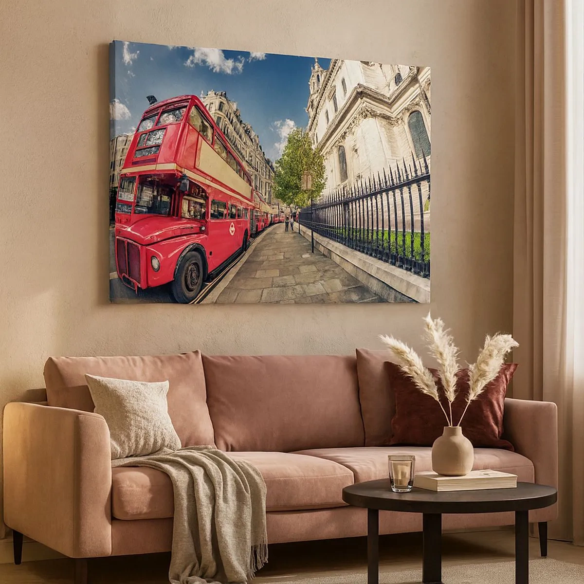 Quadro em tela - Ônibus vermelho de dois andares em Londres, perto da rua e da catedral - 70x50cm - Rua de Londres em cinza e vermelho - Decoração de parede moderna para a sala de estar e quarto ARTTOR
