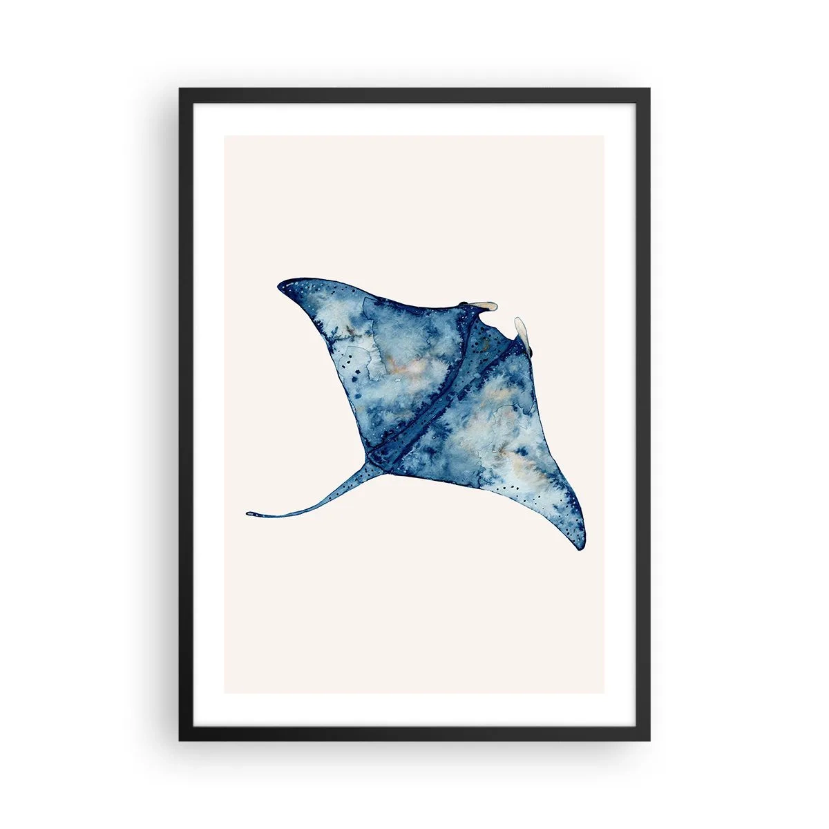 Pôster com moldura preta - Desenho de uma arraia em tons de azul - 50x70cm - A vida em azul - Decoração de parede moderna para a sala de estar e quarto ARTTOR