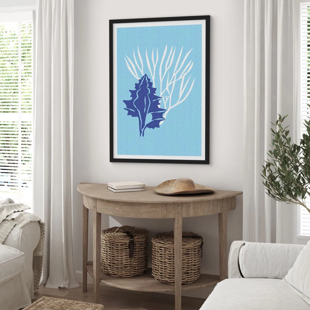 Pôster com moldura preta - Gráfico náutico de conchas e corais em fundo azul - 50x70cm - Formas folhosas - Decoração de parede moderna para a sala de estar e quarto ARTTOR