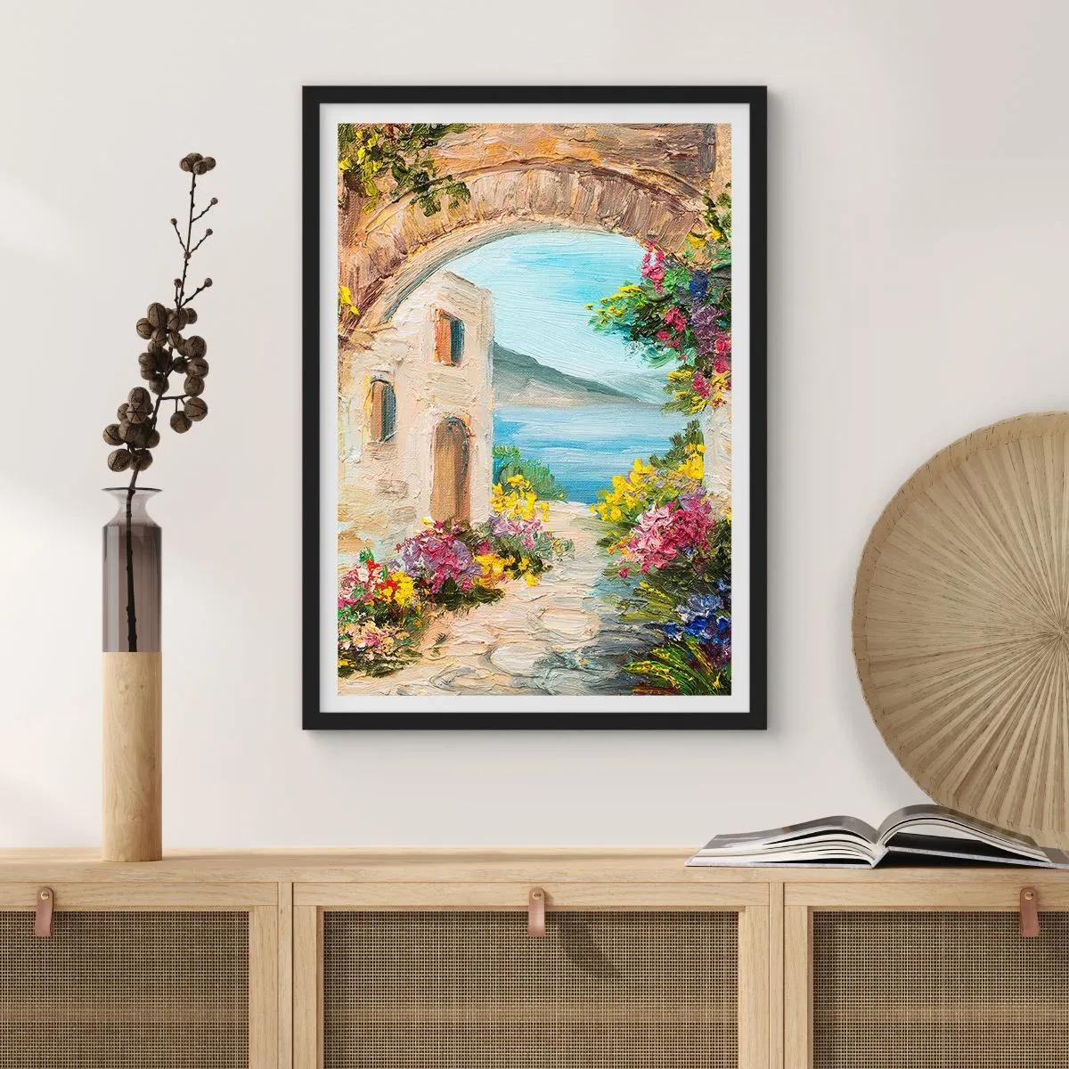 Pôster com moldura preta - Arco de pedra com vista para o mar - 50x70cm - O encanto da província costeira - Decoração de parede moderna para a sala de estar e quarto ARTTOR