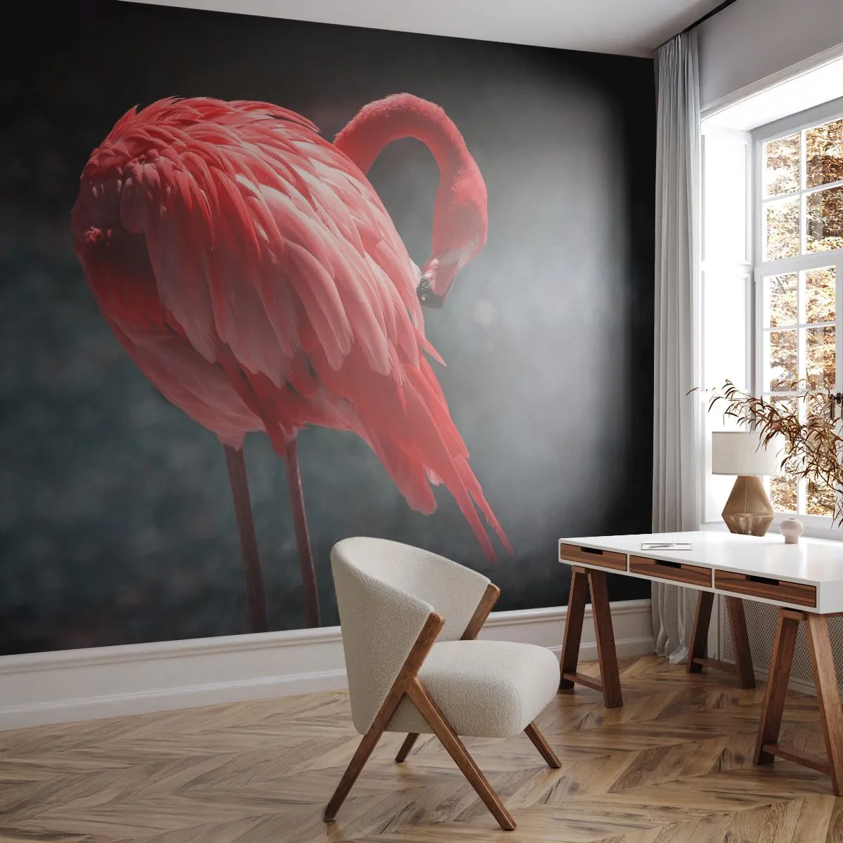 Papel de Parede Standard Eco - Poema carmesim da natureza - Flamingo, Pássaro, Natureza - 250x175 cm