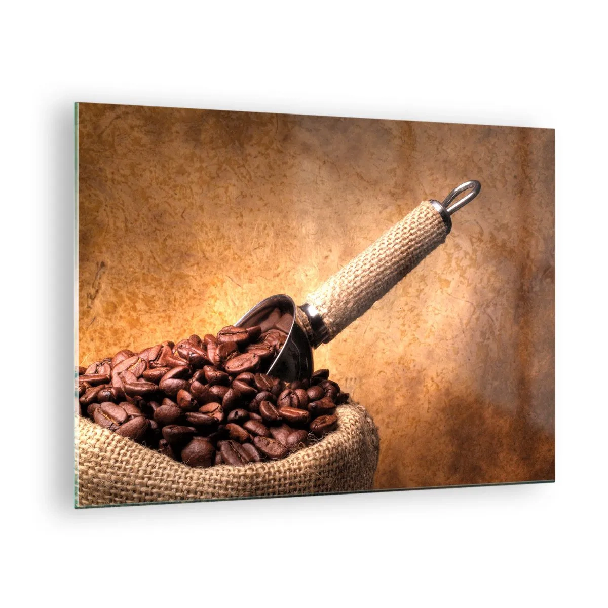Quadro em vidro - Grãos de café em um saco de juta com uma colher de metal - 70x50cm - Na fonte do sabor - Decoração de parede moderna para a sala de estar e quarto ARTTOR