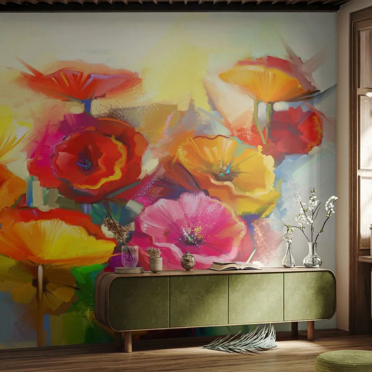 Papel de Parede Premium Sand - Não só vermelho - Flores, Papoilas, Jardim - 300x210 cm