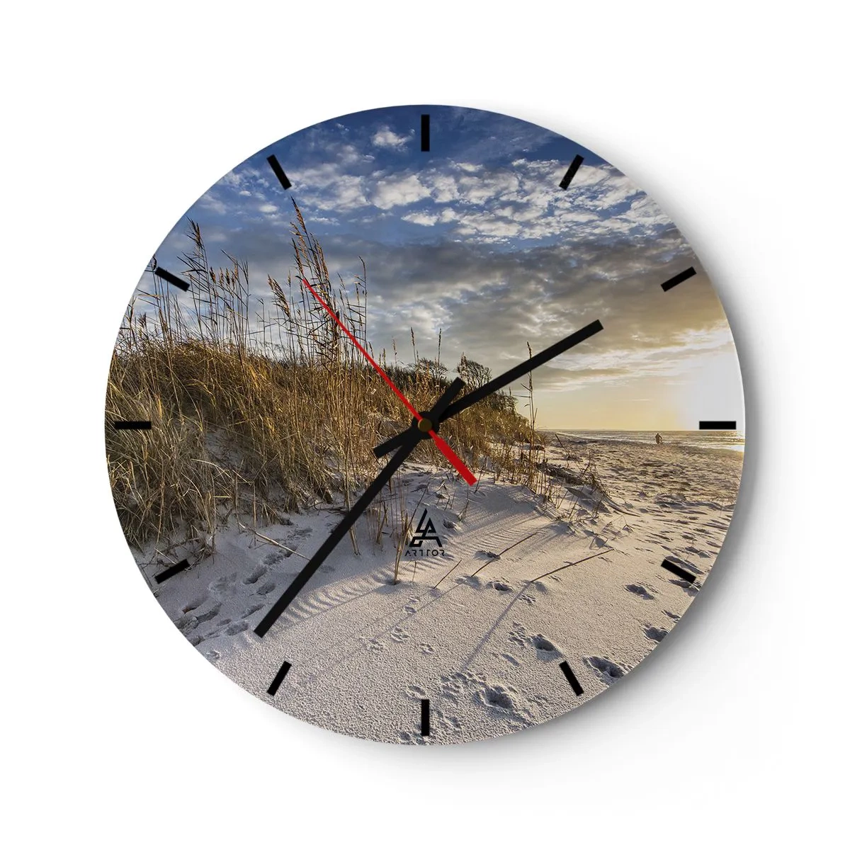 Relógio de parede - Relógio em vidro - Praia de areia com grama ao pôr do sol - 30x30cm - Um convite para um passeio - Decoração de parede moderna para a sala de estar, cozinha e quarto ARTTOR