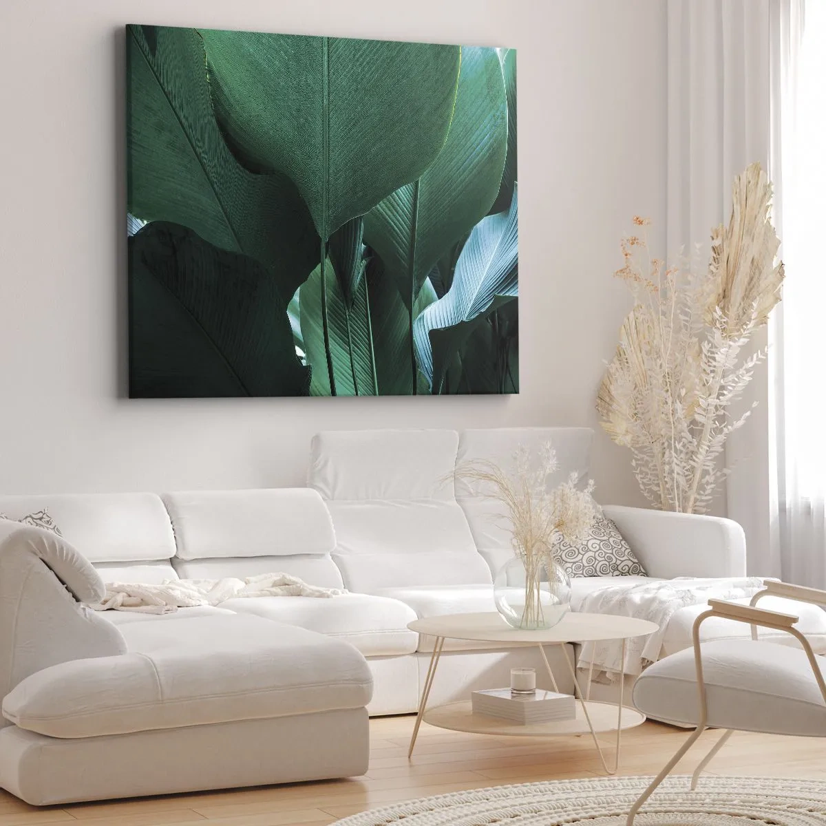 Quadro em tela - Folhas verdes em uma composição minimalista - 70x50cm - De frente para a luz - Decoração de parede moderna para a sala de estar e quarto ARTTOR
