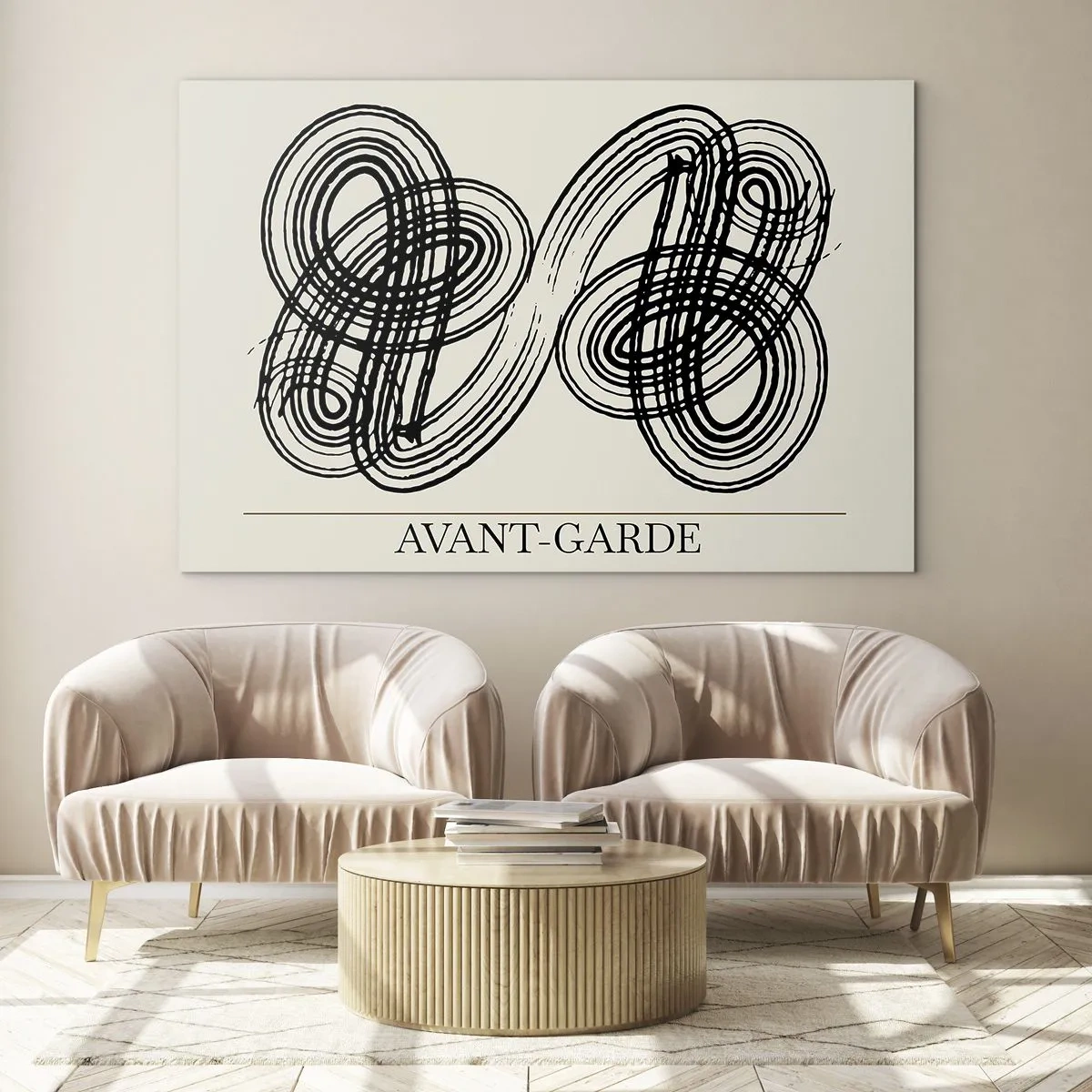 Quadro em vidro - Loops e linhas pretas de vanguarda sobre fundo claro - 70x50cm - Saiu espontaneamente - Decoração de parede moderna para a sala de estar e quarto ARTTOR