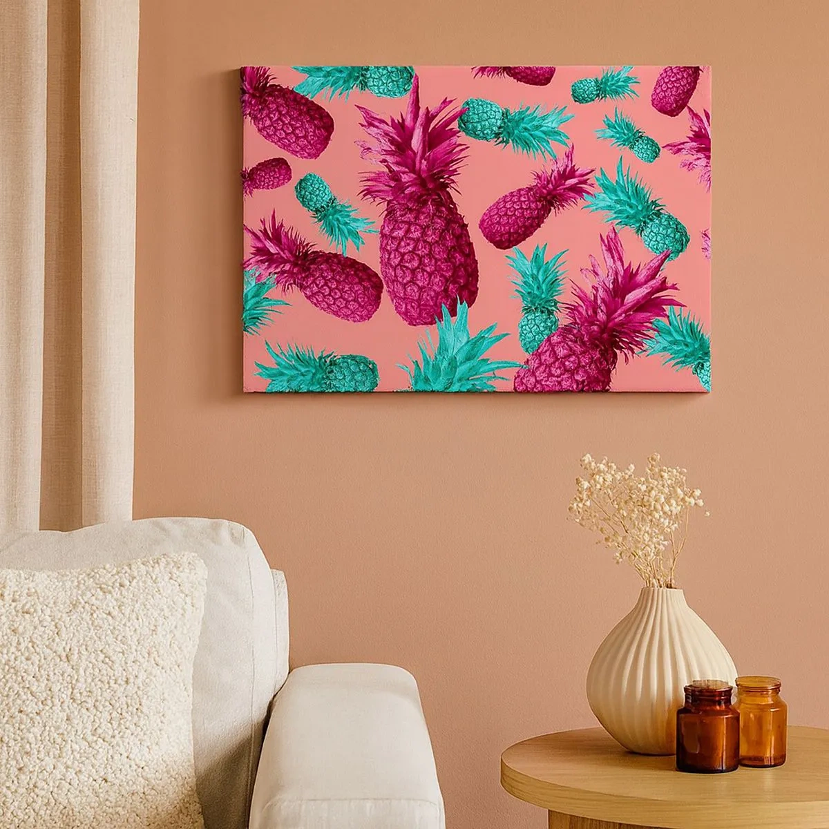 Quadro em tela - Abacaxis exóticos nas cores rosa e turquesa - 70x50cm - A liberdade é doce - Decoração de parede moderna para a sala de estar e quarto ARTTOR