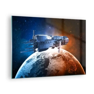 Quadro em vidro - Uma nave espacial orbitando um planeta à luz das estrelas - 70x50cm - Observador atento - Decoração de parede moderna para a sala de estar e quarto ARTTOR