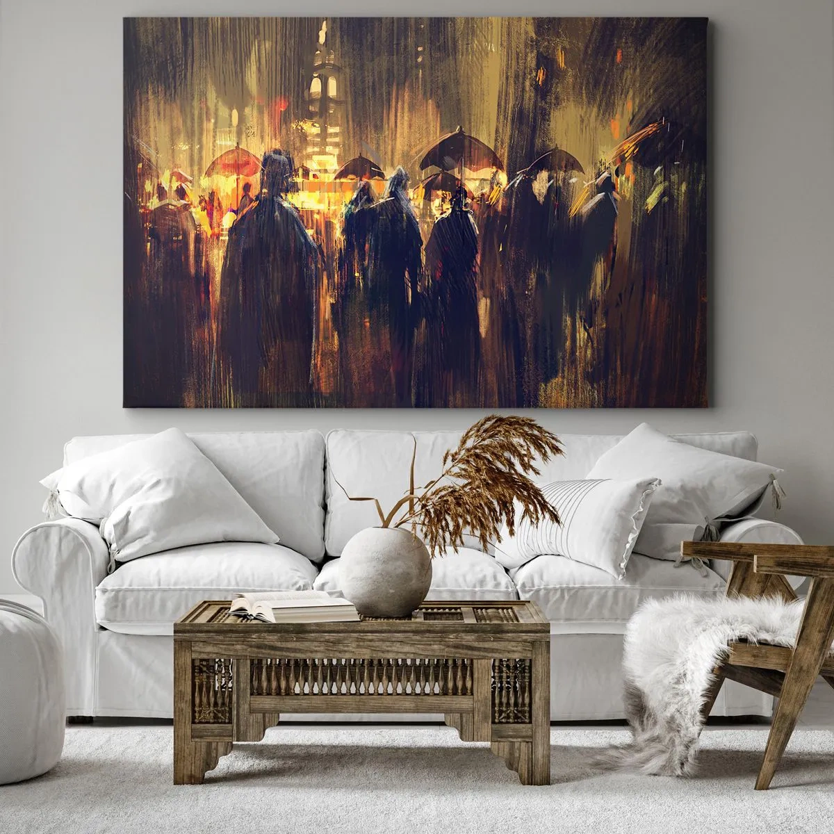 Quadro em tela - Figuras com guarda-chuvas em uma cidade chuvosa à noite - 70x50cm - Os seguidores da chuva - Decoração de parede moderna para a sala de estar e quarto ARTTOR