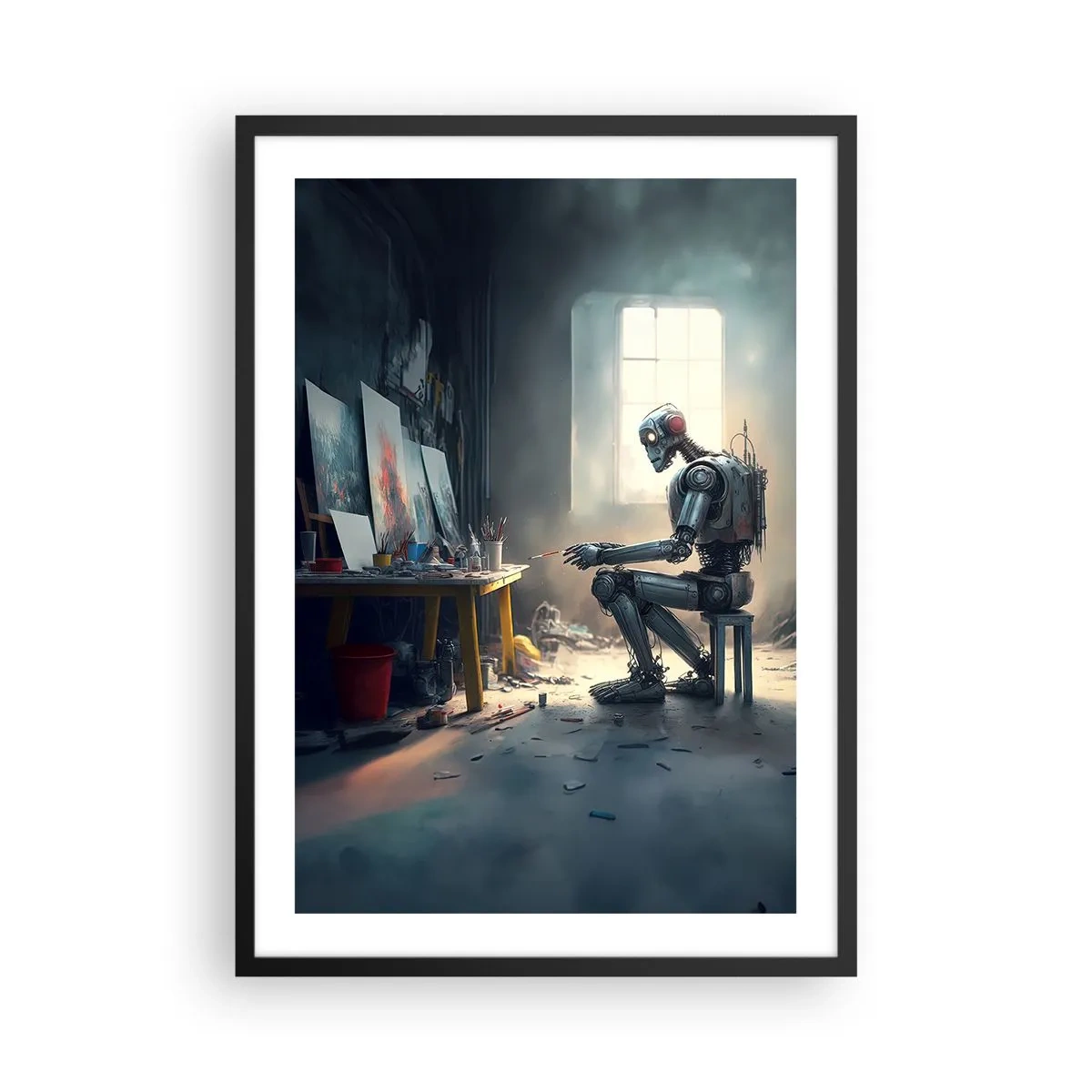Pôster com moldura preta - Artista robô pintando quadros em seu estúdio - 50x70cm - O ato de criação - Decoração de parede moderna para a sala de estar e quarto ARTTOR
