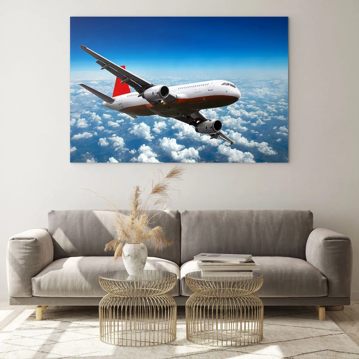 Quadro em vidro - Um avião de passageiros voando acima das nuvens contra um céu azul - 70x50cm - Afaste-se de tudo isso - Decoração de parede moderna para a sala de estar e quarto ARTTOR