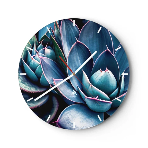 Relógio de parede - Relógio em vidro - Rosetas exuberantes de suculentas em tons de turquesa e roxo - 30x30cm - Força vital - Decoração de parede moderna para a sala de estar, cozinha e quarto ARTTOR