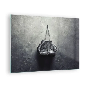 Quadro em vidro - Luvas de boxe pretas penduradas na parede - 70x50cm - Tempo de luta e tempo de paz - Decoração de parede moderna para a sala de estar e quarto ARTTOR