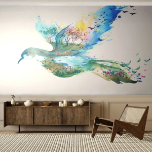 Papel de Parede Standard Eco - Pássaro com paisagem natural em estilo aquarela - 100x70cm - Nas asas da natureza - Decoração de parede moderna para a sala de estar e quarto ARTTOR