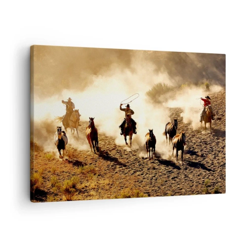 Quadro em tela - Cowboys a cavalo em ação no deserto - 70x50cm - Oeste verdadeiramente selvagem - Decoração de parede moderna para a sala de estar e quarto ARTTOR
