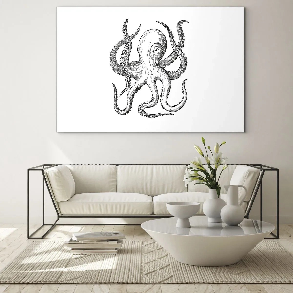 Quadro em vidro - Desenho em preto e branco de um polvo sobre fundo branco - 70x50cm - Dançando com as ondas - Decoração de parede moderna para a sala de estar e quarto ARTTOR