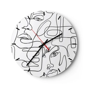 Relógio de parede - Relógio em vidro - Esboços de rostos de arte de linha minimalista em fundo branco - 30x30cm - Em emoções emaranhadas - Decoração de parede moderna para a sala de estar, cozinha e quarto ARTTOR
