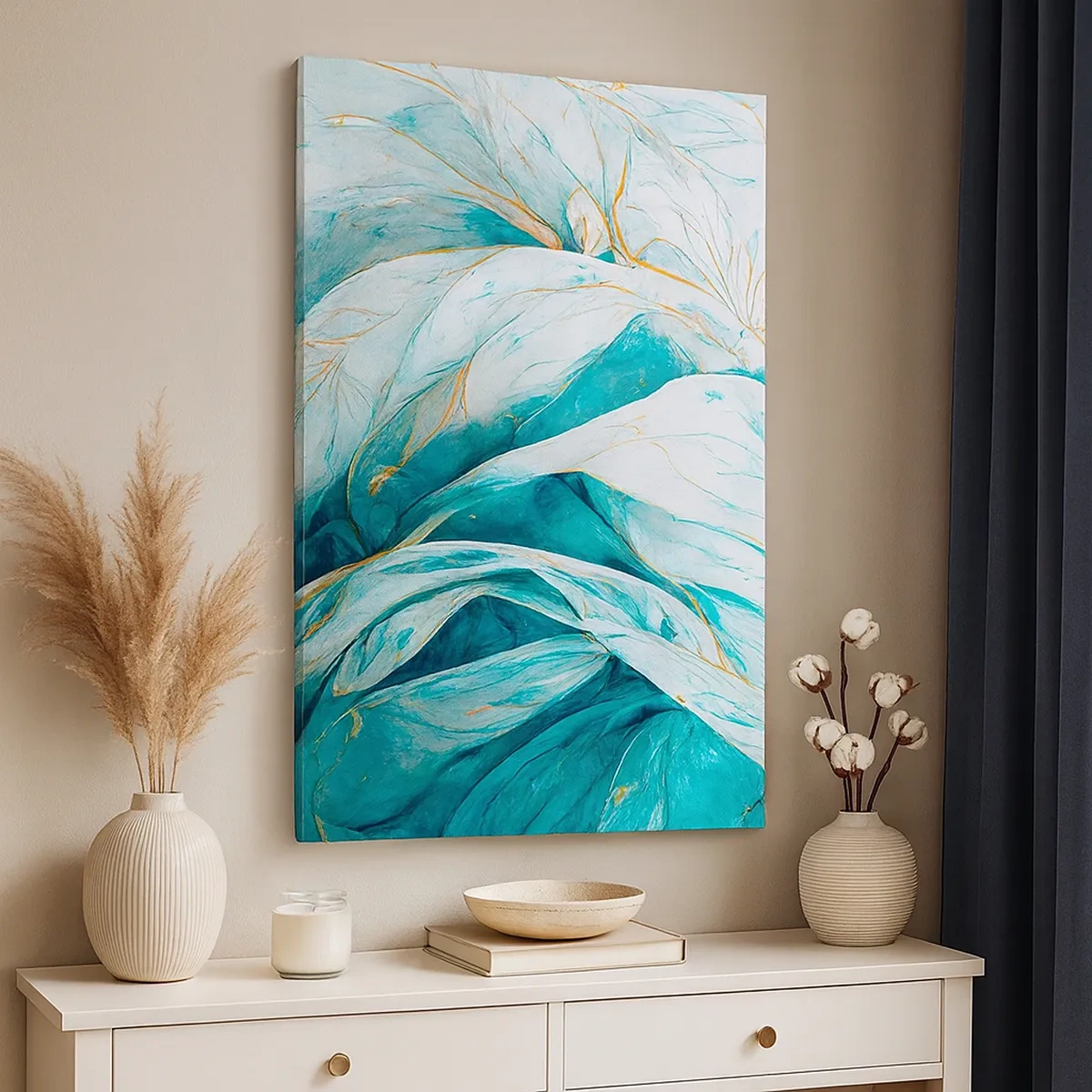 Quadro em tela - Abstração azul com lema dourado - 50x70 cm