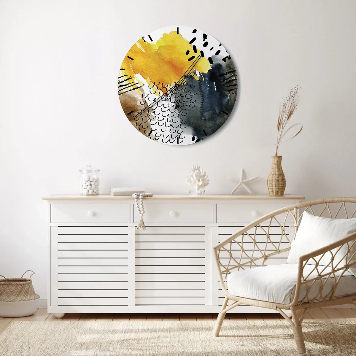 Relógio de parede - Relógio em vidro - Padrão abstrato em amarelo, azul marinho e preto - 30x30cm - Reunião dos elementos da natureza - Decoração de parede moderna para a sala de estar, cozinha e quarto ARTTOR