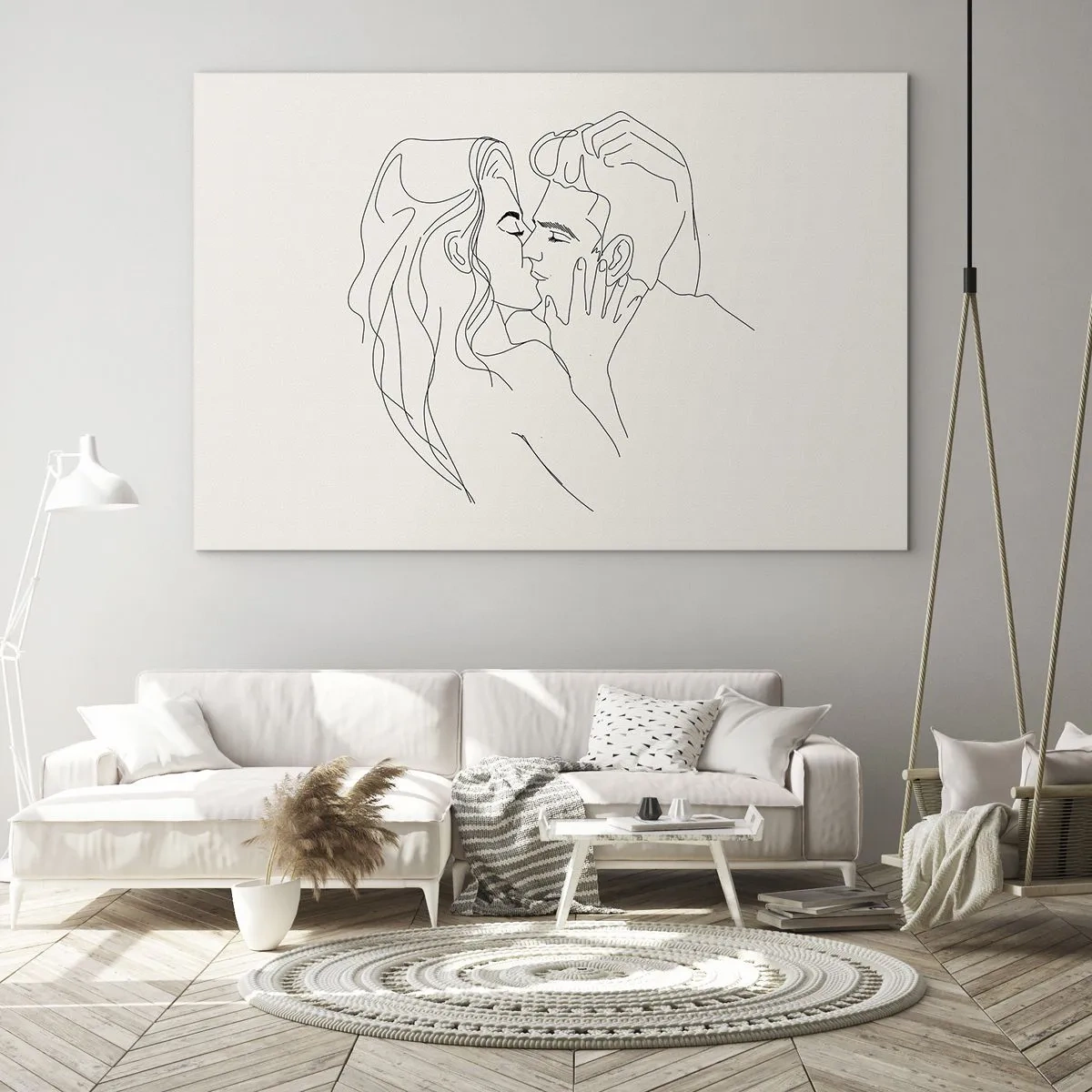 Quadro em vidro - Um beijo sensual de um casal na linha de contorno - 70x50cm - Emaranhados pelo sentimento - Decoração de parede moderna para a sala de estar e quarto ARTTOR